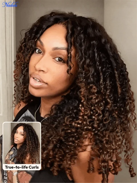 Perruque sans colle Nadula Bye Bye Knots en cheveux humains bouclés birmans avec pointes à boucles au doigt, brun châtain, dentelle pré-coupée 7x5 avec cordon de serrage 1