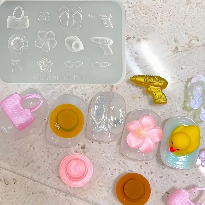 2피스 세트 네일 아트 몰드 콤보 - 아일랜드 휴가 모자 물총 레트로 악기 패션 폰 노트 DIY 네일 아트 스텐실