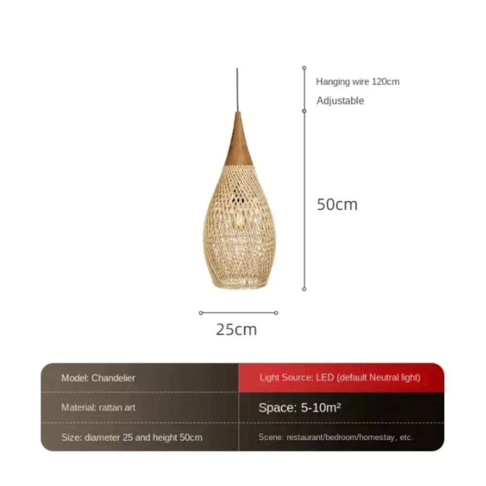 Chinese Retro Handmade Rattan Pendant Light Living Room Bedroom Hot Pot Restaurant Homestay Zen Decoration Pendant Light 25CM