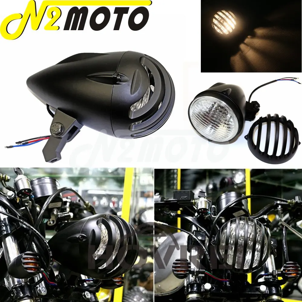 Cafe Racer Bullet Motorcycle 4.5"Invader Torpedo Headlight Finned Old