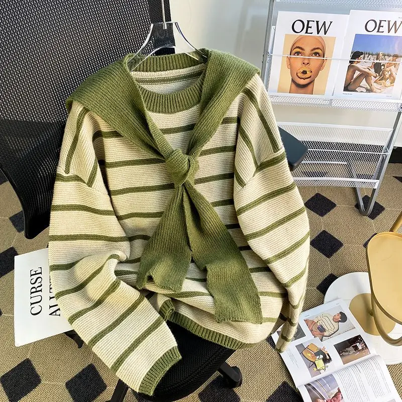 

DAYIFUN Large Size Striped Sweaters Women 2023 Autumn Winter Vintage Shawl Thickened Knitted Pullovers Lady New Loose Jumpers