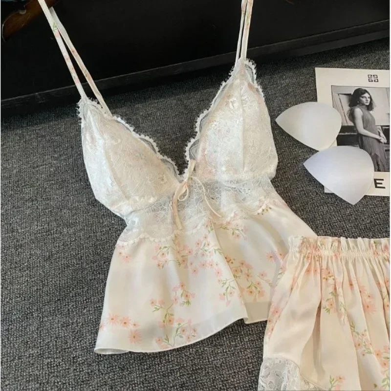 Lace Sexy Women's Pajamas Set Summer New with Chest Pads Ice Silk Suspenders Shorts Sleepwear Two-piece Women's Clothing