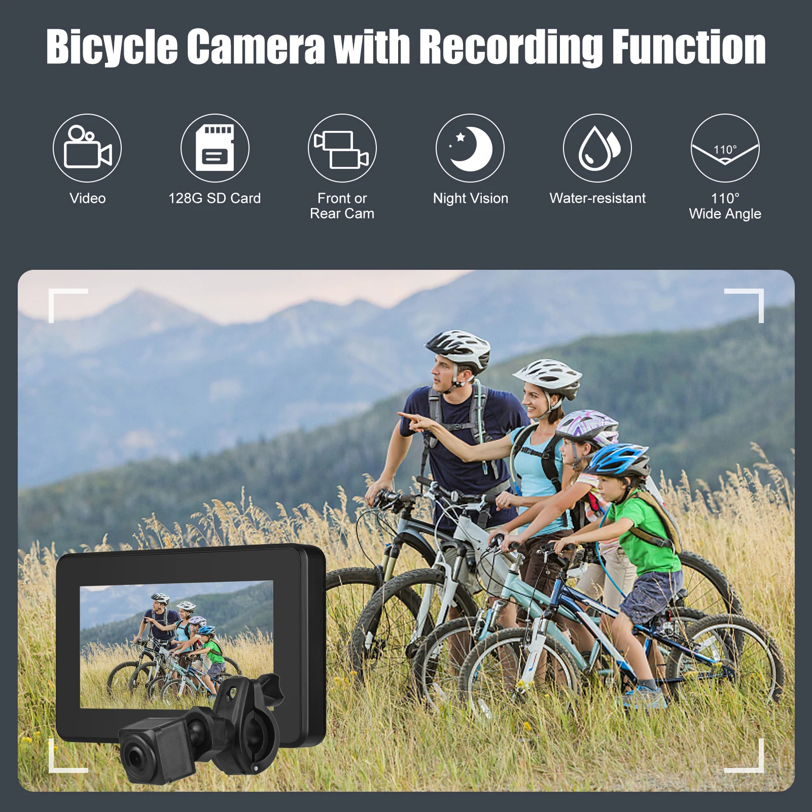 Handlebar Bike Mirror, 4.3" 1080P Bicycle Front and Rear View Camera Recorder with Night Vision Function, 110° Wide Angle View,