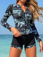 2026 Long Sleeve Zipper Surfing Swimsuit Print Shorts Swimwear Women Two Pieces Diving Clothes Beachwear Bathing Swimming Suit