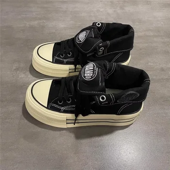 Women's High Top Thick Bottom Canvas Shoes Spring New Style Student Retro Heightening Casual Board Shoes Rubber Outsole 1