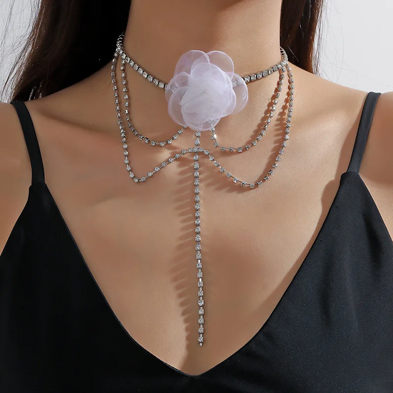 Black Lace Flower Women's Necklace Tassel Multi-Layered Diamond Sparkling Fashion Y2k Banquet Clavicle Chain For Women Jewelry
