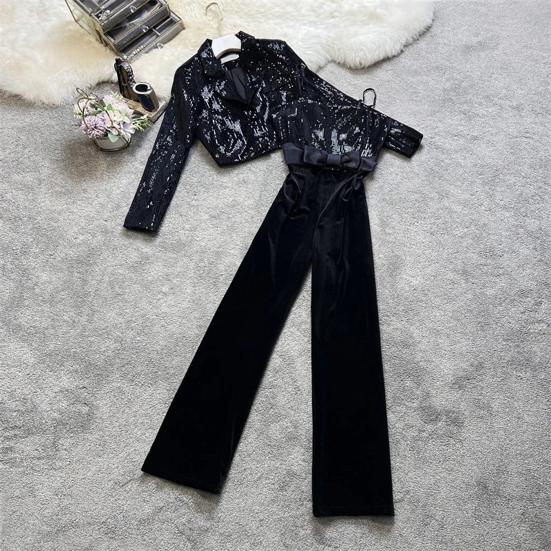 Amolapha Women Heavy Sequins Velvet 2 piece Set Short Style Jackets