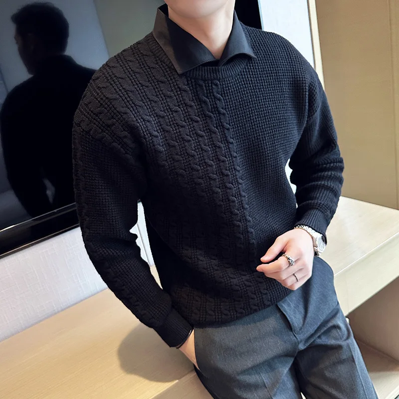 

Autumn Winter Fake Two-piece Lapel Sweater for Men Long Sleeve Casual Knitted Pullover Business Social Slim Fit Knitwear Tops