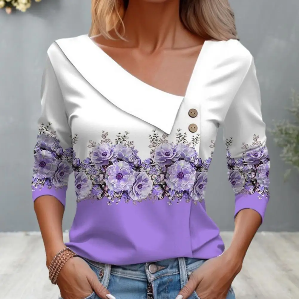 

Fall Spring Women Top Slant V Neck Flower Print Color Matching Button Decor Loose Long Sleeve Mid Length Pullover Lady Blouse