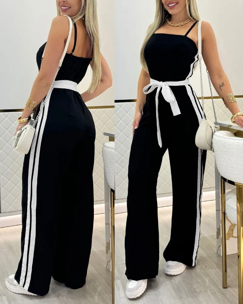 Schicker, gestreifter, ärmelloser Overall für Frühling und Sommer mit gebundenem Detail und Spaghettiträgern, lässiger Bandeau-Strampler mit weitem Bein für Damen – Detail 5