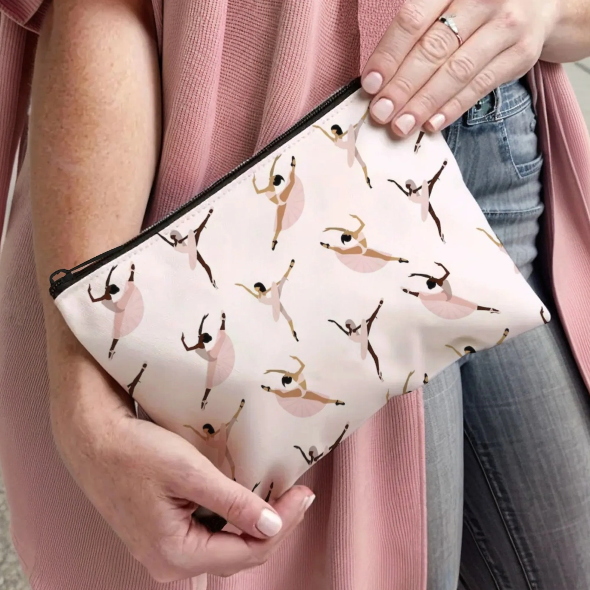 Eleganter Kosmetiktasche mit Ballettmuster, rosa Akzente, Tänzer-Silhouetten, Action- und Tutu-Details, tragbarer Reise-Organizer mit Reißverschluss – Detail 9