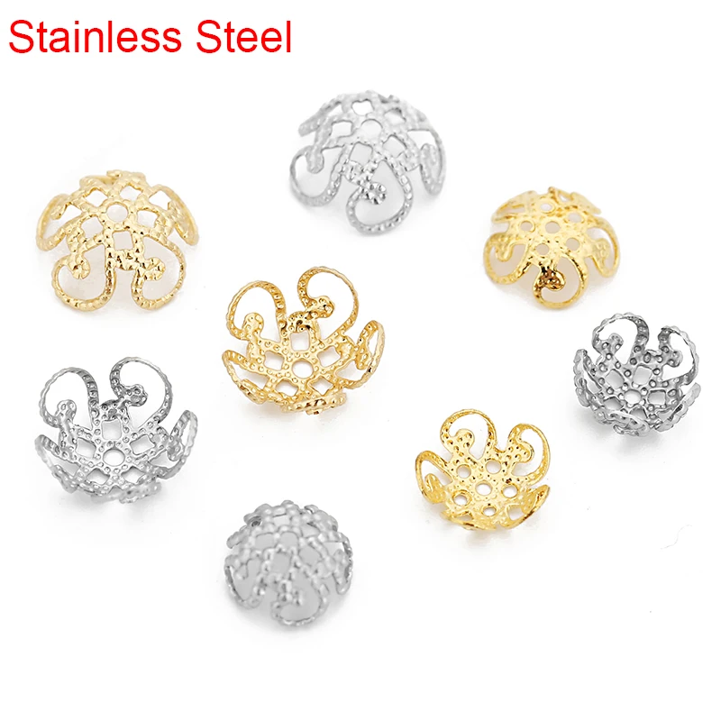 50pcsStainlessSteelFlowerBeadsEndCaps8mm10mmMetalGoldColor