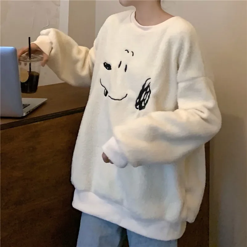Winter New Arrivals Women Hoodie Sweatshirt Sweet Girly Style Apricot Lamb Wool Embroidery Cute Puppy Female Loose Pullover