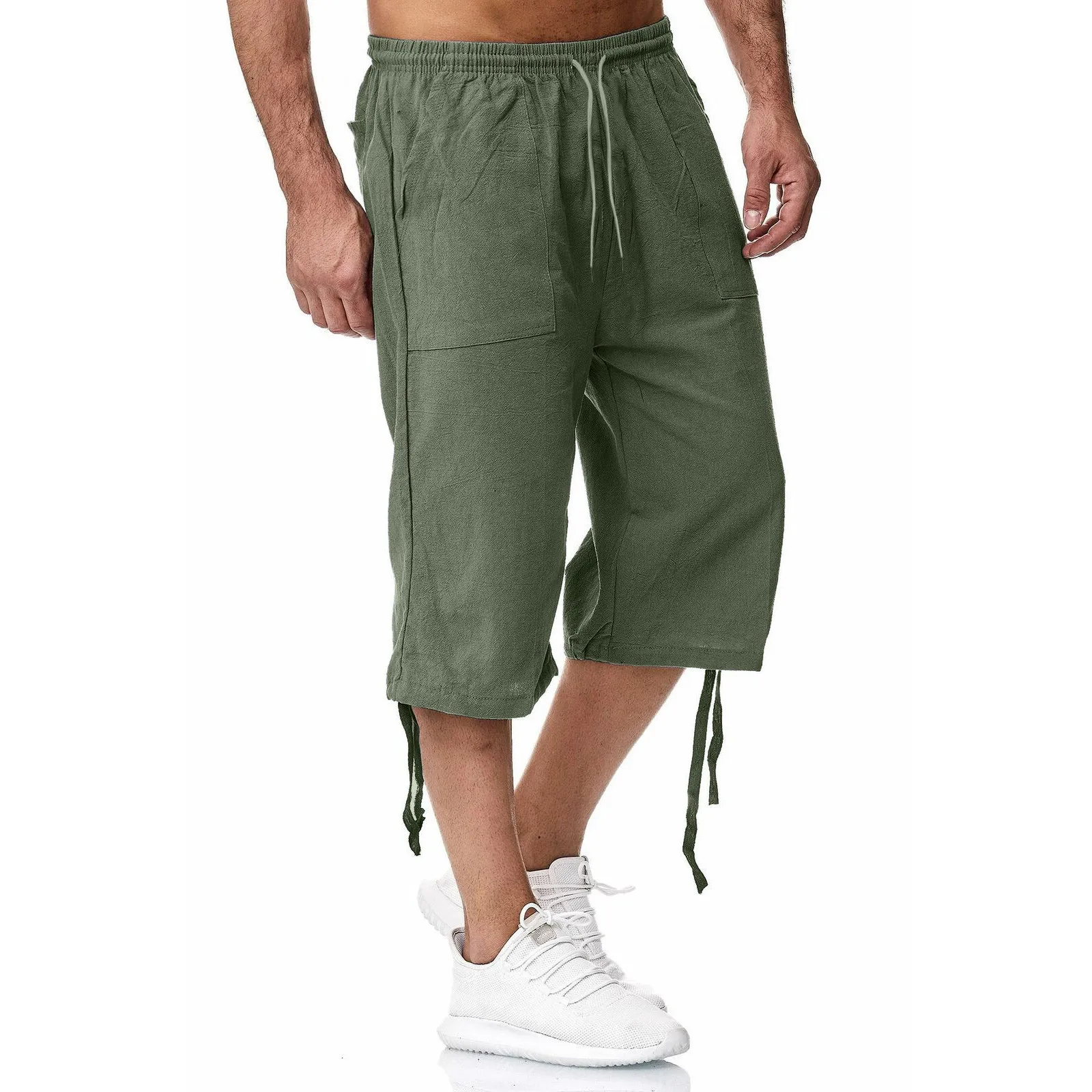 Men pants Men summer cropped baggy drawstring imitation linen pants