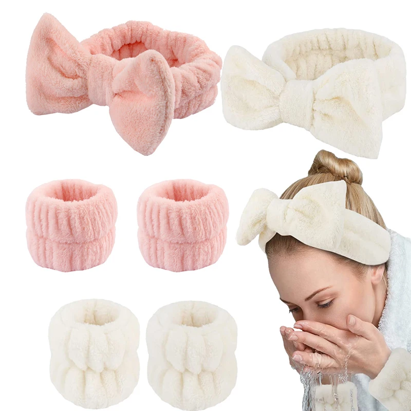 Women Wash Face Headband Hair Holder Soft Wash Face Wristband Absorb Water Coral Fleece Cute Bow Hairbands Set