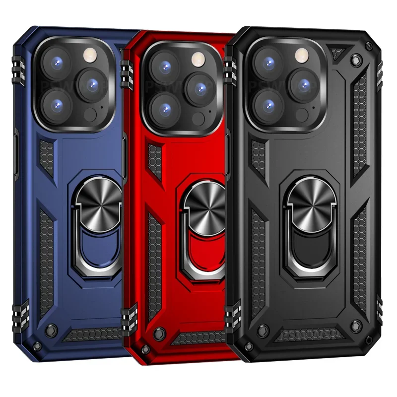 Shockproof Armor Bumper Case with Finger Holder and Magnetic Metal Ring Cover