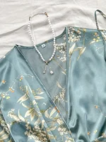 Summer irregular cherry print comfortable bathrobe and halter shorts sexy women's pajama four-piece set - Image 6