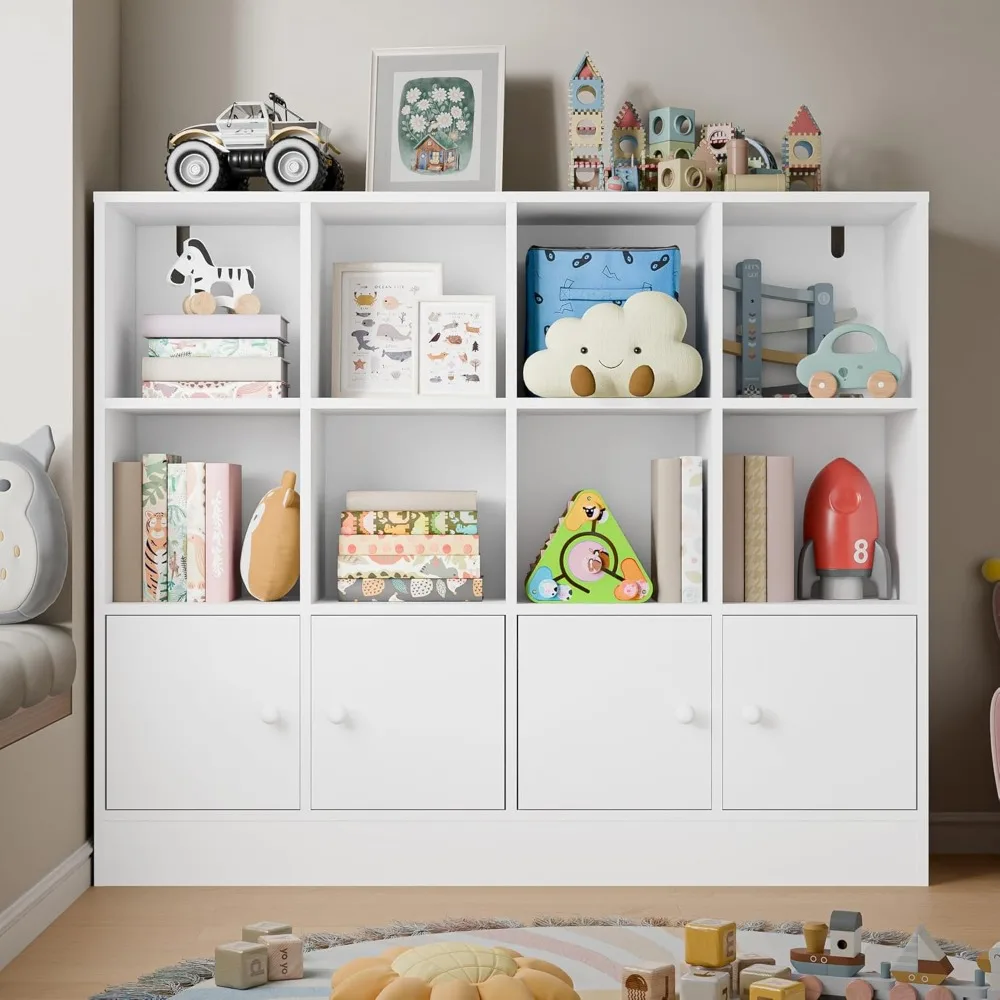 White Wood Bookcase,12 Cube Storage Organizer Bookshelf with 4 Doors,3 Tier Storage Cabinet with Adjustable Shelves for Bedroom