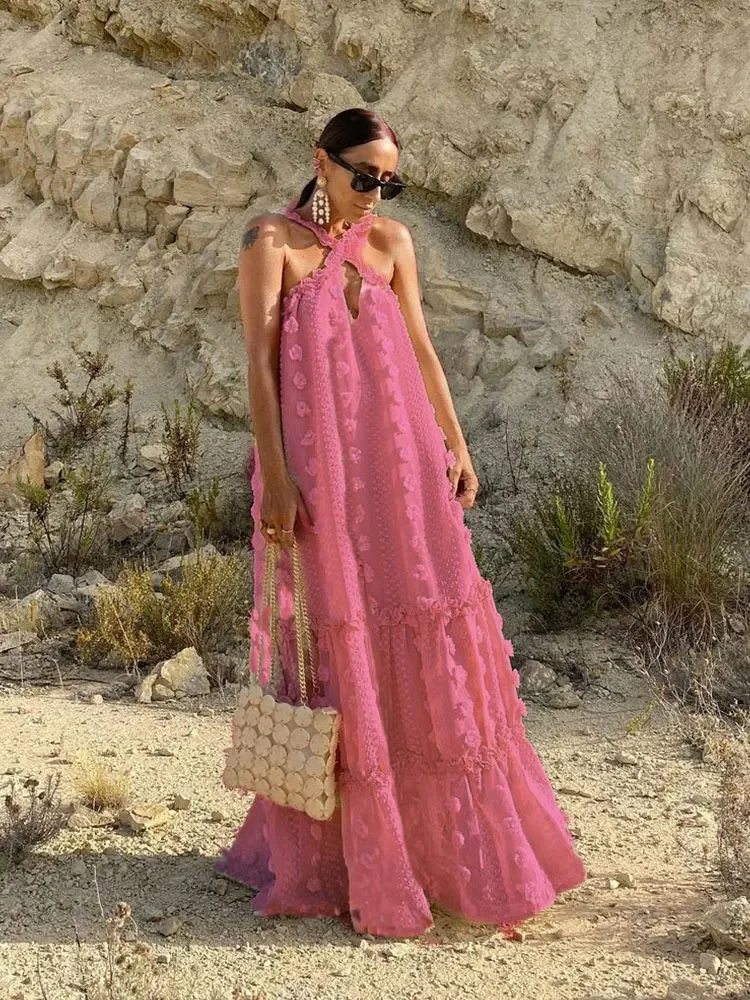 Three-Dimensional Flower White Maxi Woman Crochet Dress for Summer 2024 Tunic Beach Dresses  Cover Ups for Swimwear Women