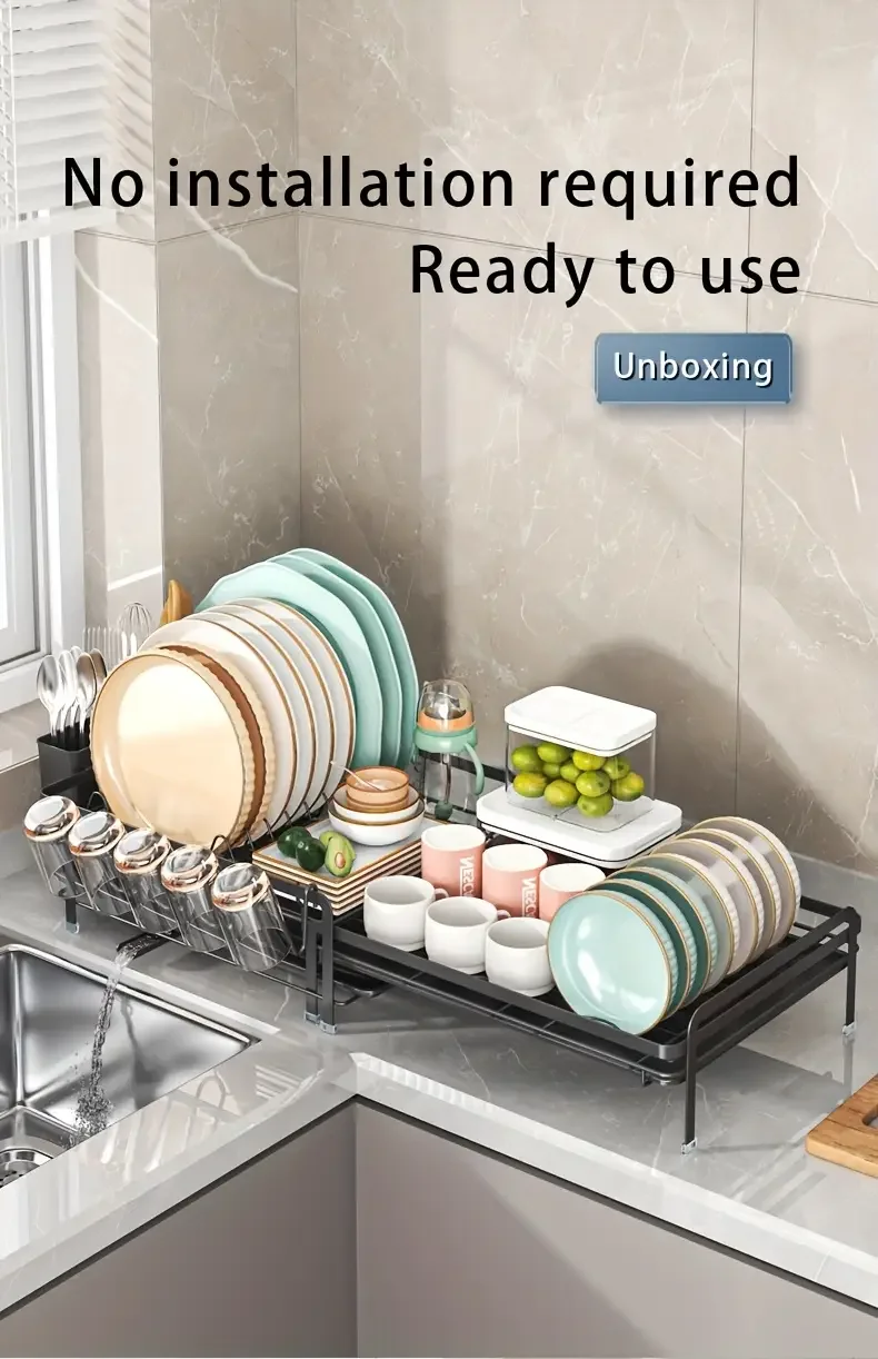 Expandable Dish Rack - Adjustable Kitchen Countertop Organizer with Utensil & Cup Holders