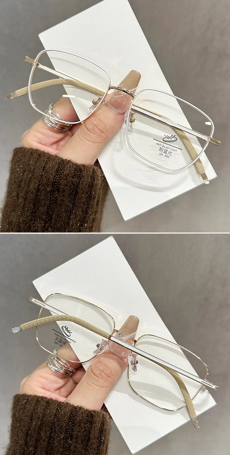 Quadratischer Rahmen, Anti-Blau, flacher Lichtspiegel ohne Make-up, modische goldene Seide, einfache Brille für Frauen, Myopie-Brillengestell – Detail 12