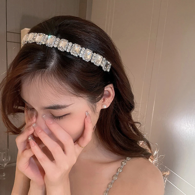 Glänzende Voll-Strass-Stirnbänder, quadratische Blatt-Kristall-Haarbänder, Kopfbedeckungen für Damen, luxuriöse Party- und Hochzeits-Haaraccessoires, Schmuck K – Detail 2