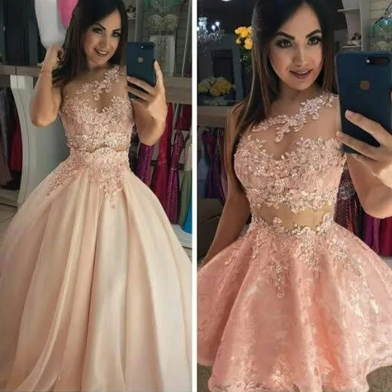 Blush Pink Lace Applique Two Pieces Prom Dresses 2 in 1 One Shoulder Pealrs Beads Short Party Gowns Quinceanera Dresss