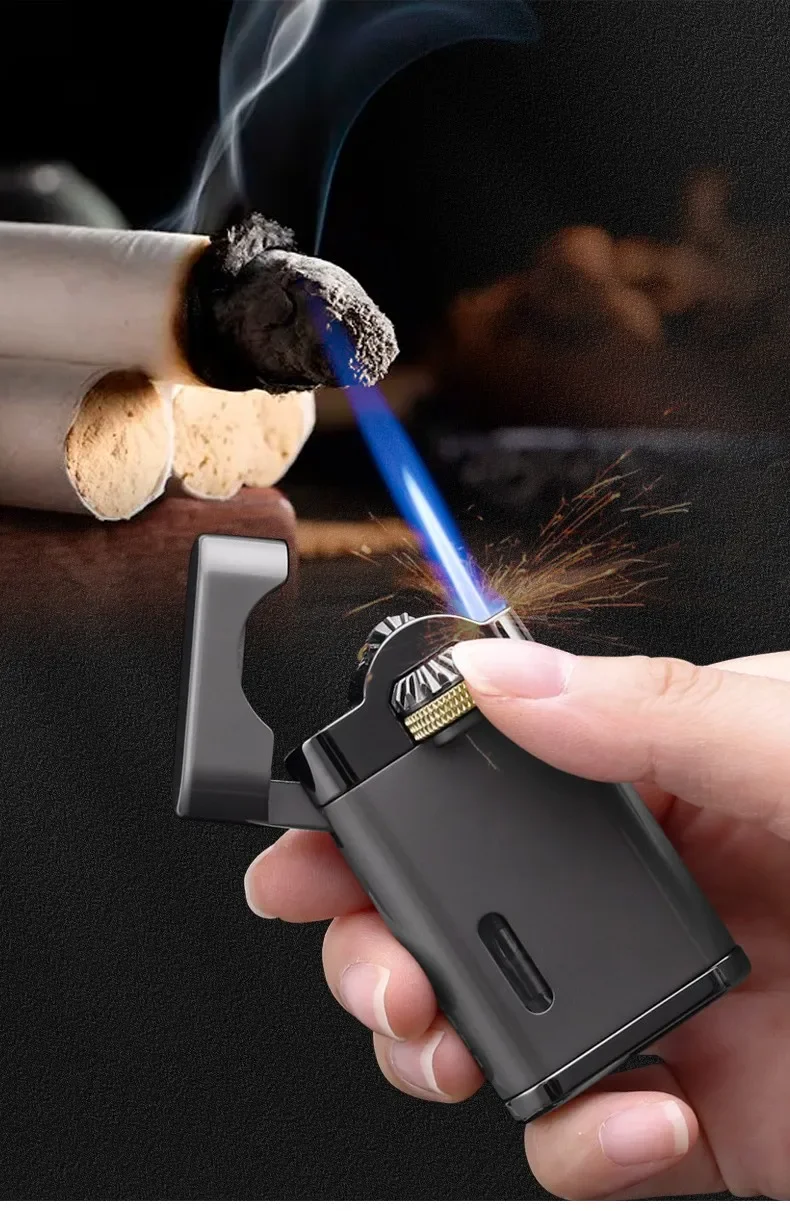 Description Picture 4 of item2025 JOBON Mechanical Metal Butane Gas Lighter Outdoor Windproof Gear Linkage Ignition Blue Flame Torch Portable Cigar Lighter