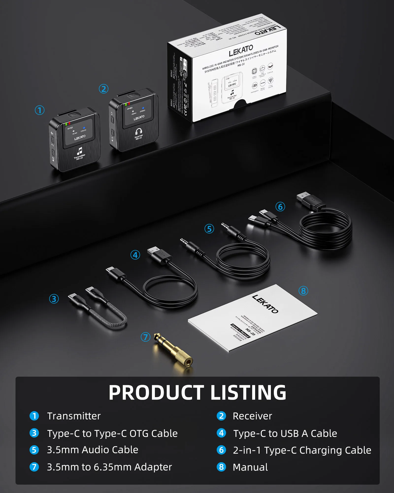 레카토 MS-20 무선 IEM 시스템, 저지연 벨트팩 송신기 및 라이브 스테이지 공연자 및 밴드를 위한 자동 페어링