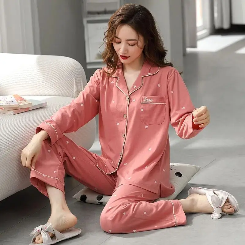 Spring Autumn Women's 100% Pure Cotton Pajamas Long Sleeve Cardigan Oversized Loose Home Clothing Set Luxury Printed Sleepwear