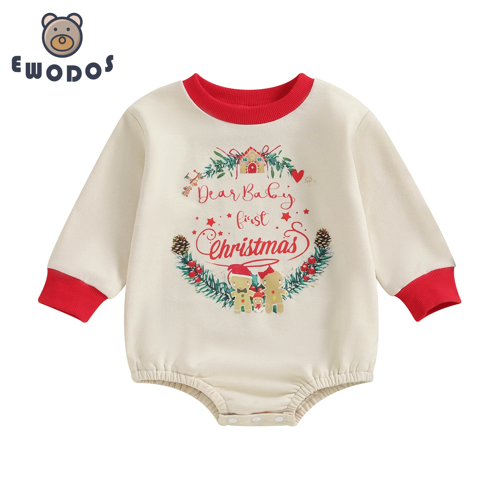 

EWODOS Baby Kids Christmas Bodysuits Casual Long Sleeve Crew Neck Tree Letter Print Bodysuit Newborn Baby Winter Playsuits