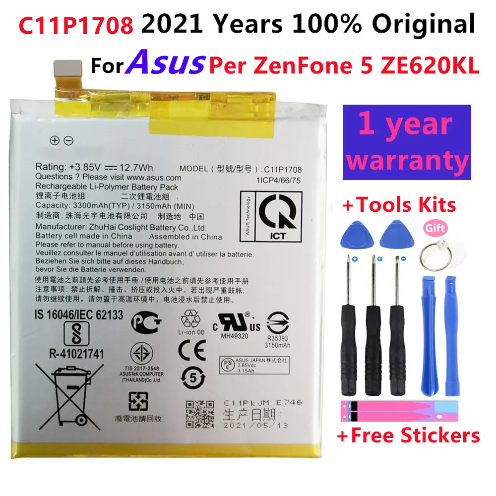 

100% Original For ASUS High Capacity C11P1708 Phone Battery For Asus Per ZenFone 5 ZE620KL 3300mAh +Free Tools