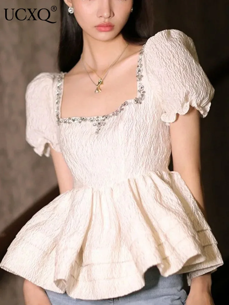 

UCXQ High Quality Diamond Stripe Short Bubble Sleeve Shirt T-shirt Women's Nail Bead Puffy Blouse Top 2024 Spring Summer 23A7502