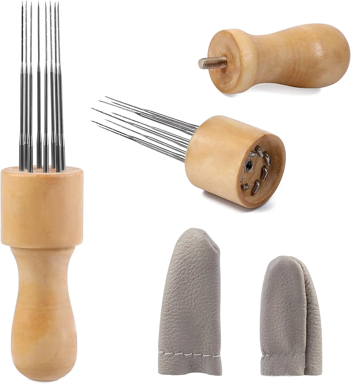 Felting Needle with Eight Tool Craft Wool Felt Stitch Punch with Solid Wood Handle Felting Eight Needles Tools Finger Cots