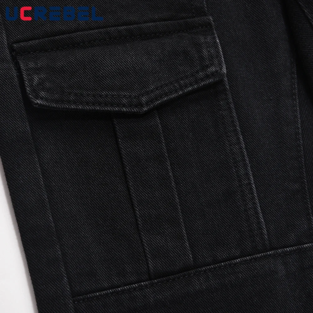 Multi-Pocket Flared Pants Mens High Street Washed Black Casual Straight-leg Pants Men Jeans 5