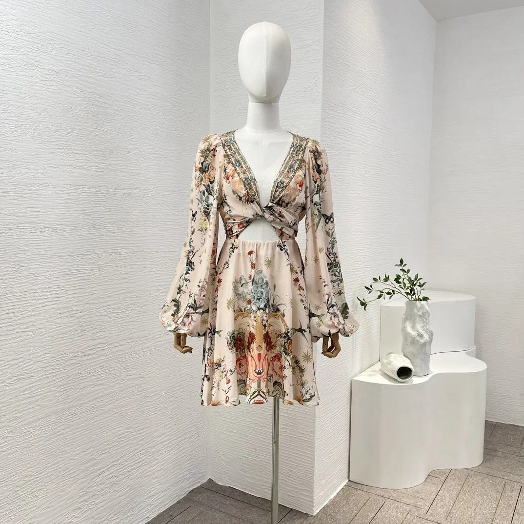 

2024 New Silk Lantern Sleeve Cross Floral Print Tie High Quality Diamonds Lace-up Mini Dress Women Summer
