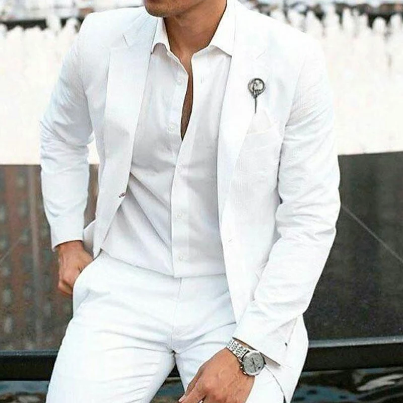 Summer Beach White Groom Tuxedos Slim Fit Wedding Suits For Prom 2 Pieces Blazer With Pants Male Fashion Costume Latest Style