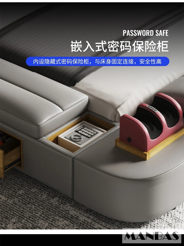ベッドリラクゼーションデバイス Manbas-インテリジェント多機能ベッド,本革フレーム,マッサージ