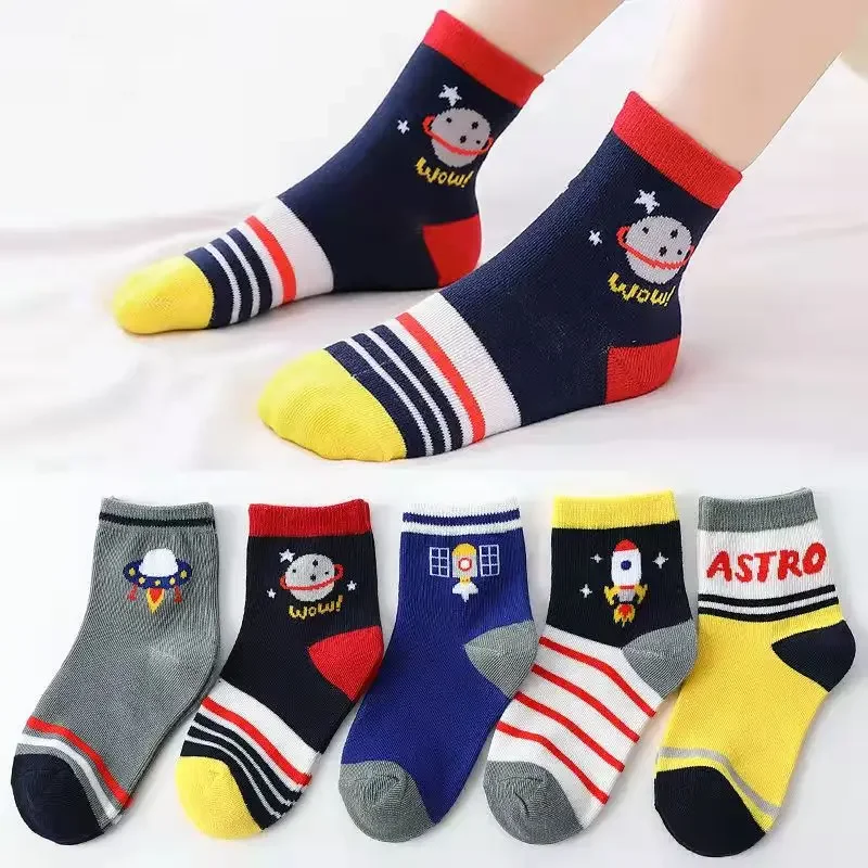 5 Pairs Children Socks Spring Autumn Soft Cotton Baby Boys Cute Cartoon Space Ship Breathable Fasion Socks Girls Crew Sock