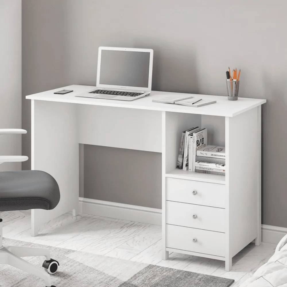 Techni Mobili Contemporary Desk with 3 Storage Drawers, Whitefreight free techni mobili 47 25 ergonomic computer drawers