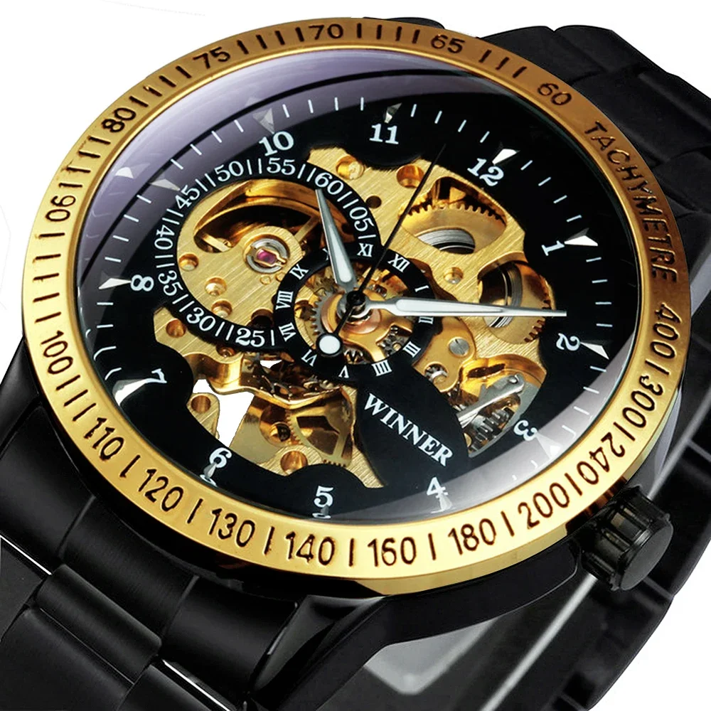 

WINNER Classic Retro Skeleton Mechanical Watches Luminous Hands Luxury Military Automatic Watch for Men Stainless Steel Strap