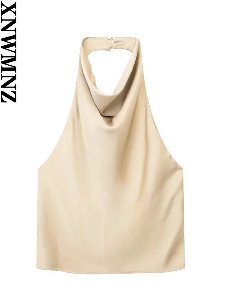 

XNWMNZ 2023, женский модный Атласный топ с лямкой на шее, Женский Универсальный шикарный топ без рукавов с открытой спиной