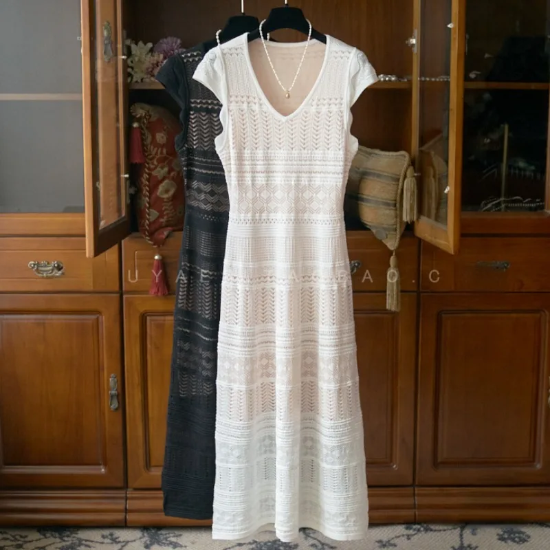 

Summer Lace Cut Out Fly Sleeve V-neck Waistband Tight Slim Elastic Knit Dress with High-quality Vintage Formal Evening Dress