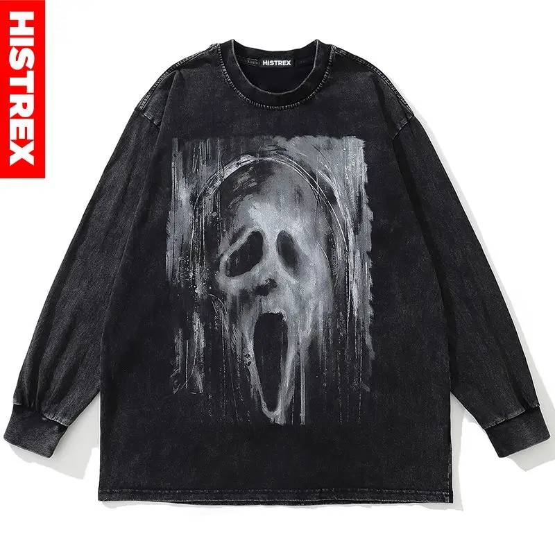 

2023 HISTREX Skull Devil Sweatshirt Men,Print Graphic Streetwear Pullover,Hip Hop Long Sleeve Washed Tee,100% Cotton Y2K T Shirt