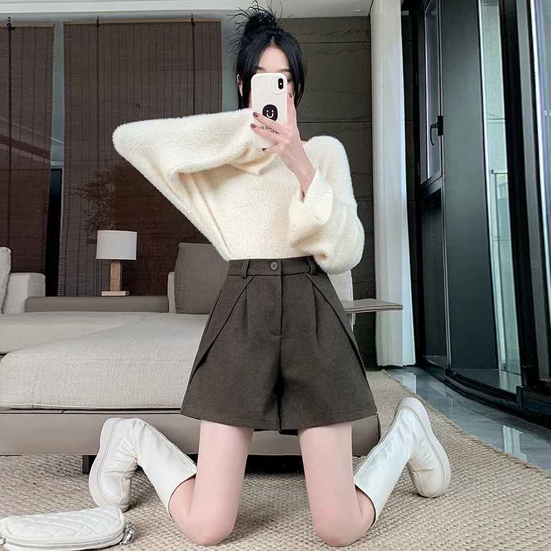 Tweed Shorts Women Korean Style Solid Color High-waisted Thin Wide Leg Loose Shorts Office Lady Fashion Basic Streetwear Female