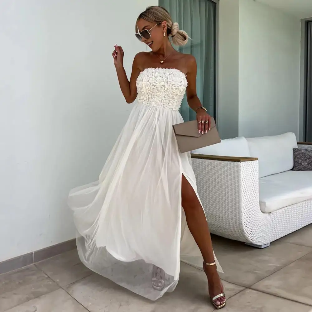 

Beach Party Dress Elegant Lace Prom Ball Gown Maxi Dress with Off Shoulder Bandeau Flower Applique Women's Evening Dress