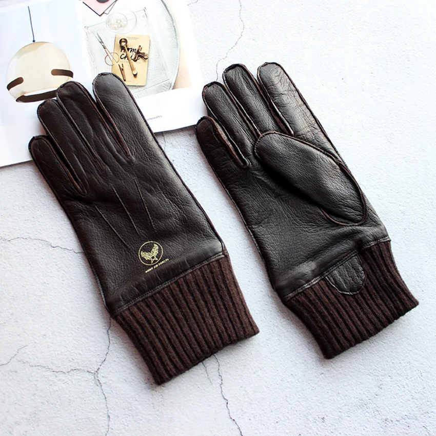 Men's Deer Skin Gloves Touch Screen Leather Thickened Winter Warm Ribbed Sleeves Aviation Motorcycle Riding Gloves