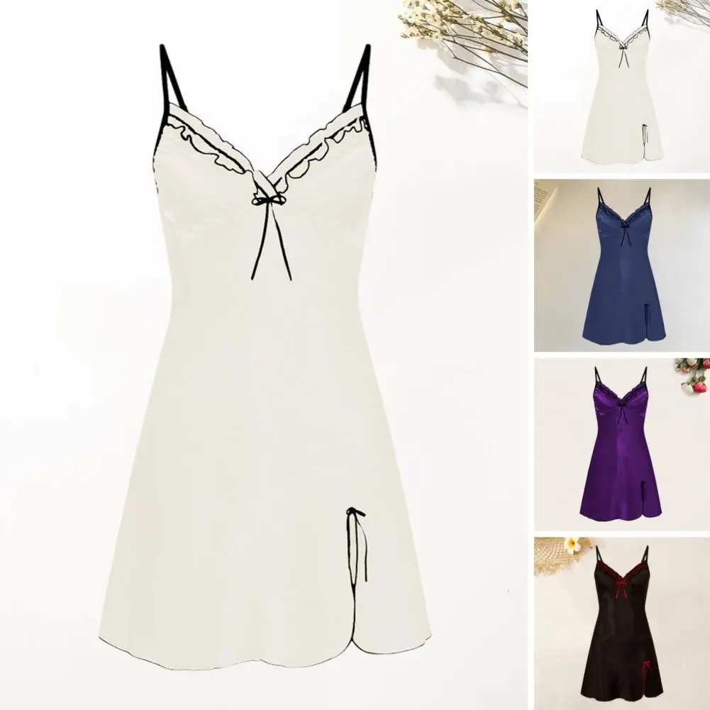 

Women Satin Nightgown Elegant Lace Nightgown with V Neck Bow Decor Women's Satin Sleepwear for Summer Nights Soft for Comfort