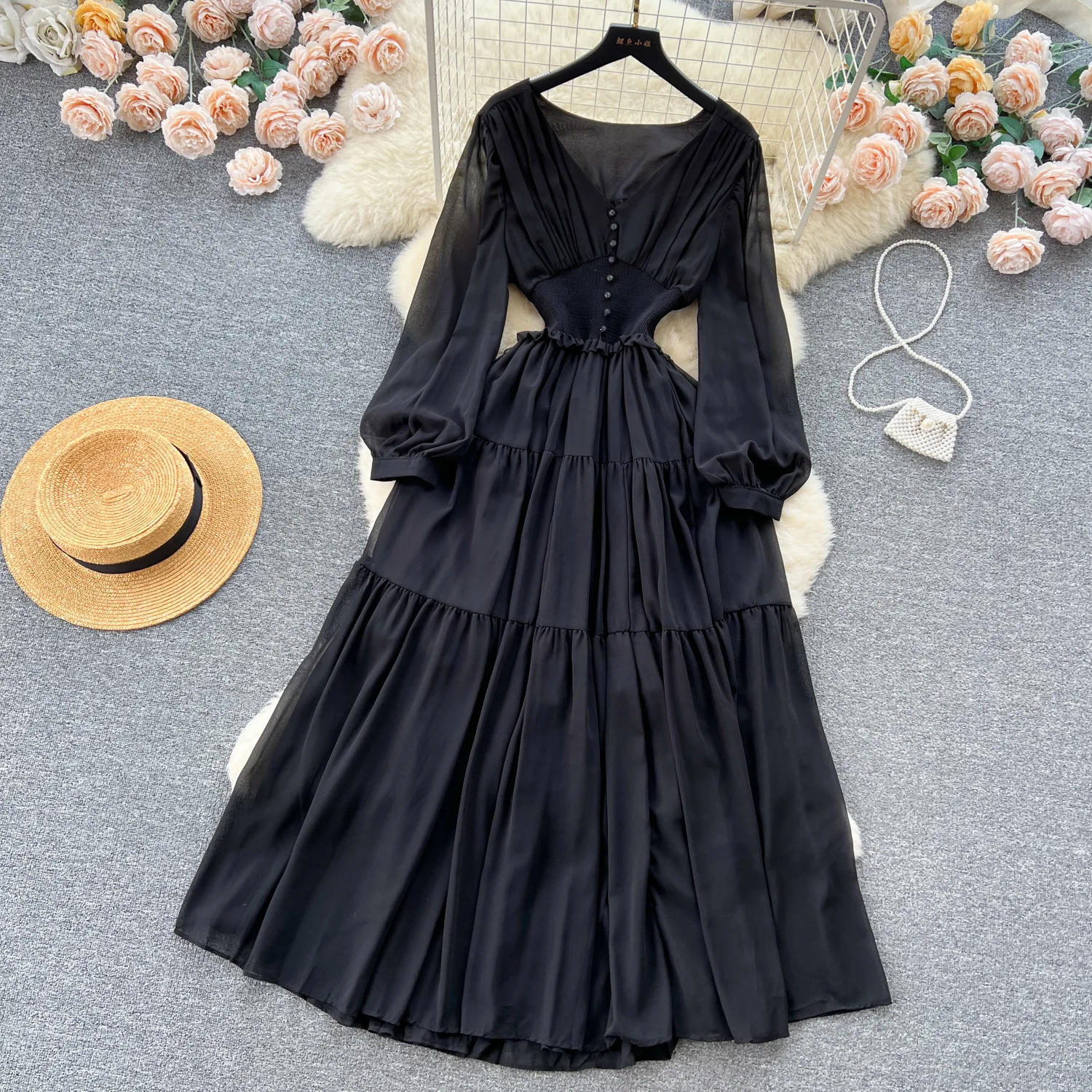 Vintage Chiffon Long Dress Women Elegant V-neck Long Sleeved Casual Dresses French Pleated Slim A-line Long Robe Vestidos