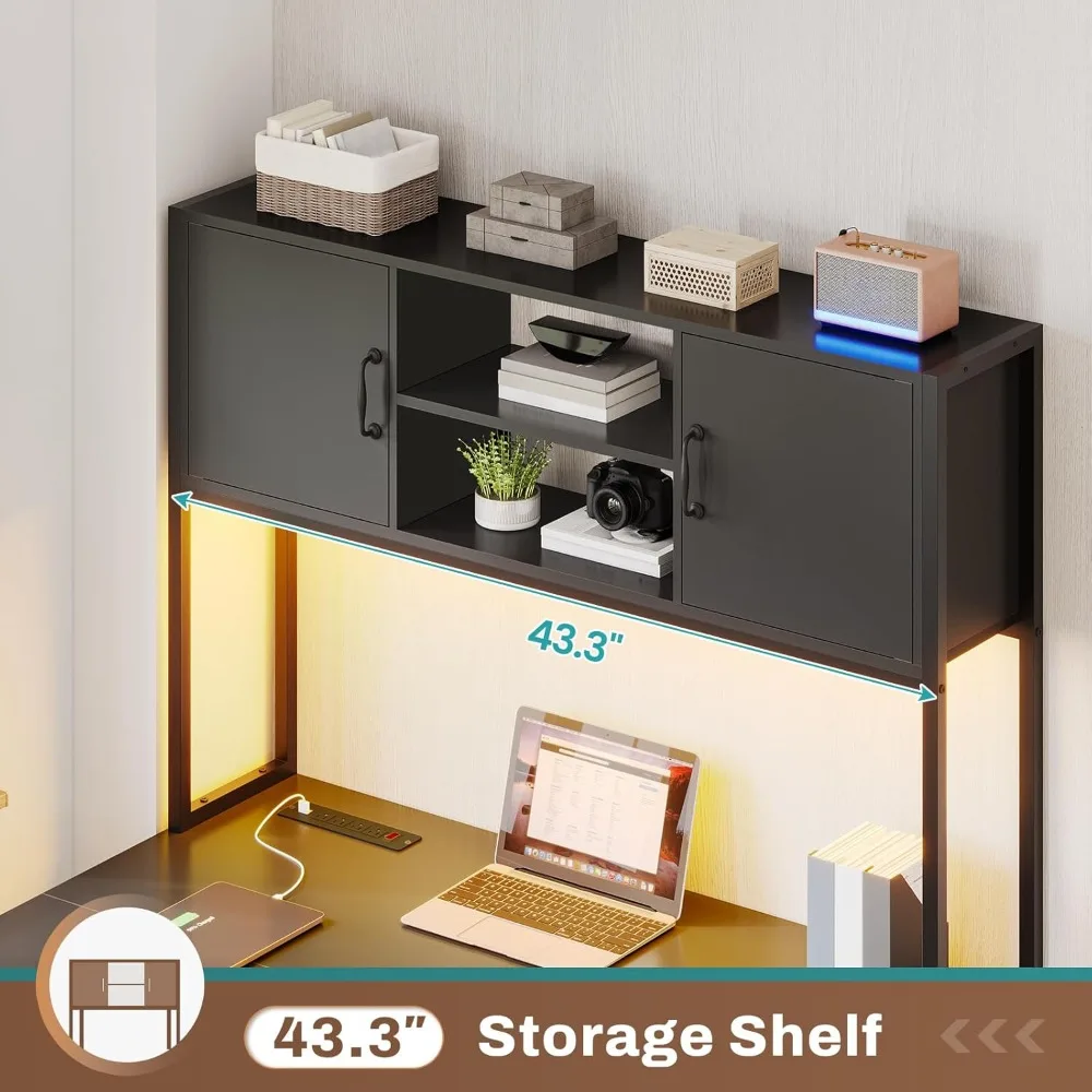 Corner Computer Desk, Reversible L Shaped Computer Desk with Fabric Drawers and Power Outlet, Gaming Desk with Led Lights, Hutc 5